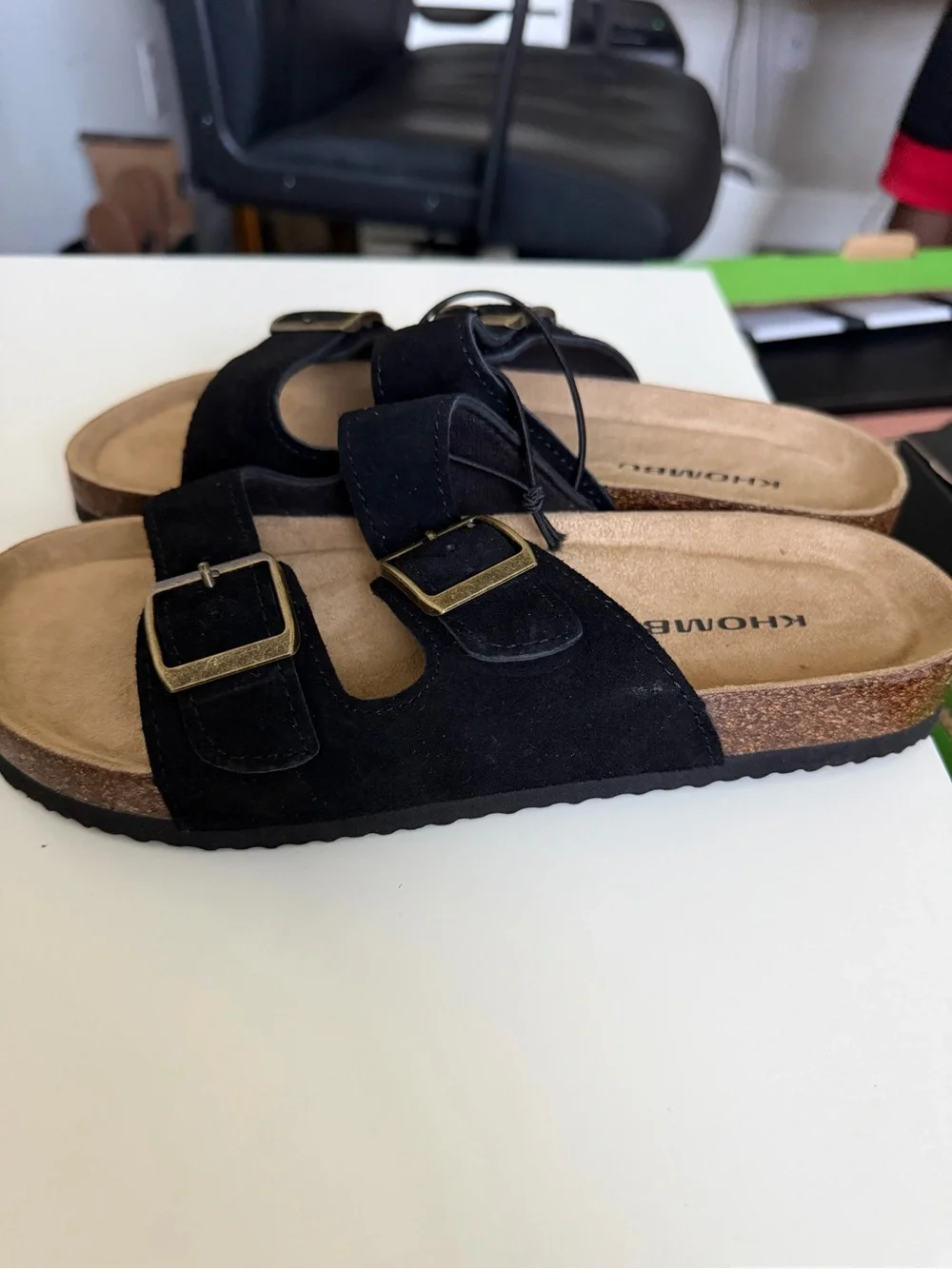 Khombu Black Double-Buckle Suede Slide Sandals
